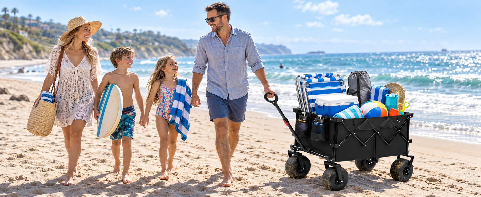 Family walking with a Hikenture beach wagon