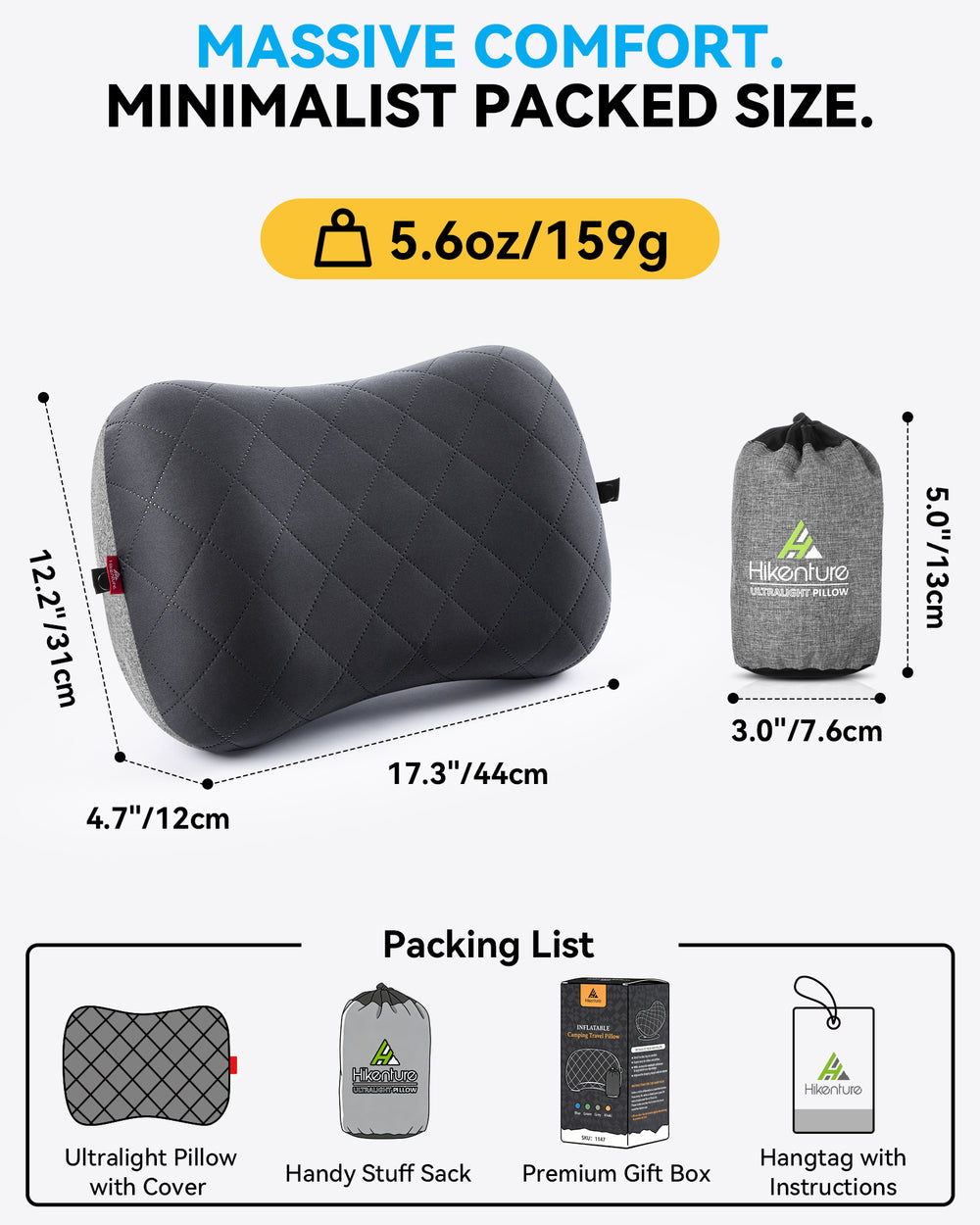 Hikenture Camping Pillow with Removable Cover, Ultralight Inflatable Pillow
