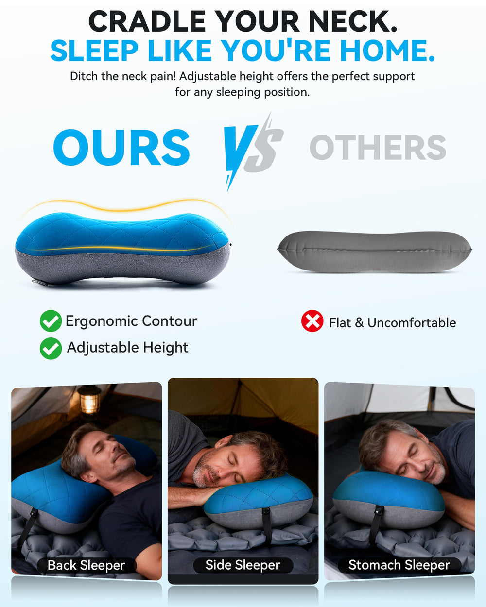Hikenture Camping Pillow with Removable Cover - Ultralight Inflatable Pillow for Hiking,Backpacking - Upgrade Comfortable Ergonomic Air Pillow for Neck Support - Soft Travel Pillow in Car,Beach,Office
