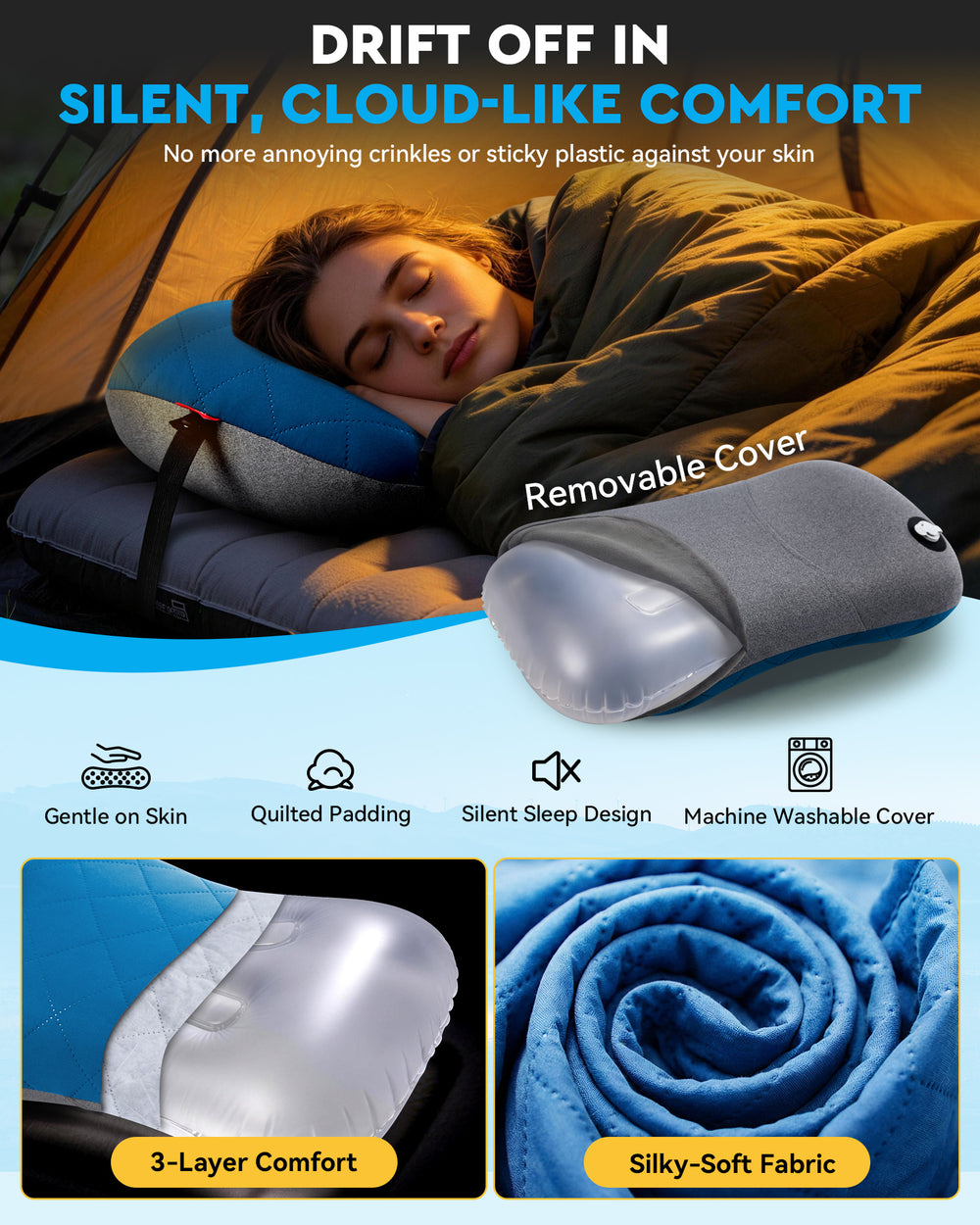 Hikenture Camping Pillow with Removable Cover - Ultralight Inflatable Pillow for Hiking,Backpacking - Upgrade Comfortable Ergonomic Air Pillow for Neck Support - Soft Travel Pillow in Car,Beach,Office