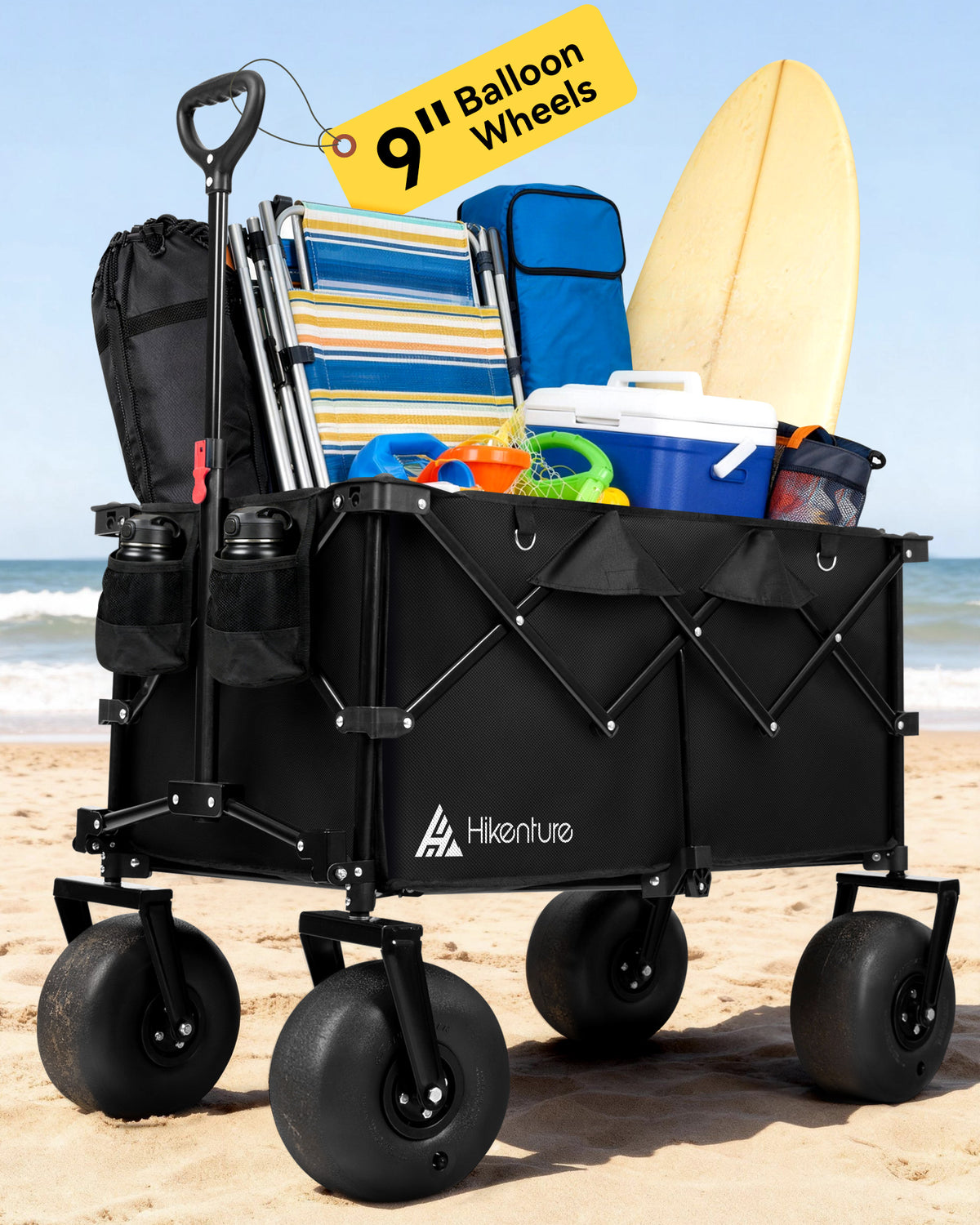 Hikenture Beach Wagon with Balloon Wheels, 9" PU Tires Collapsible Wagon