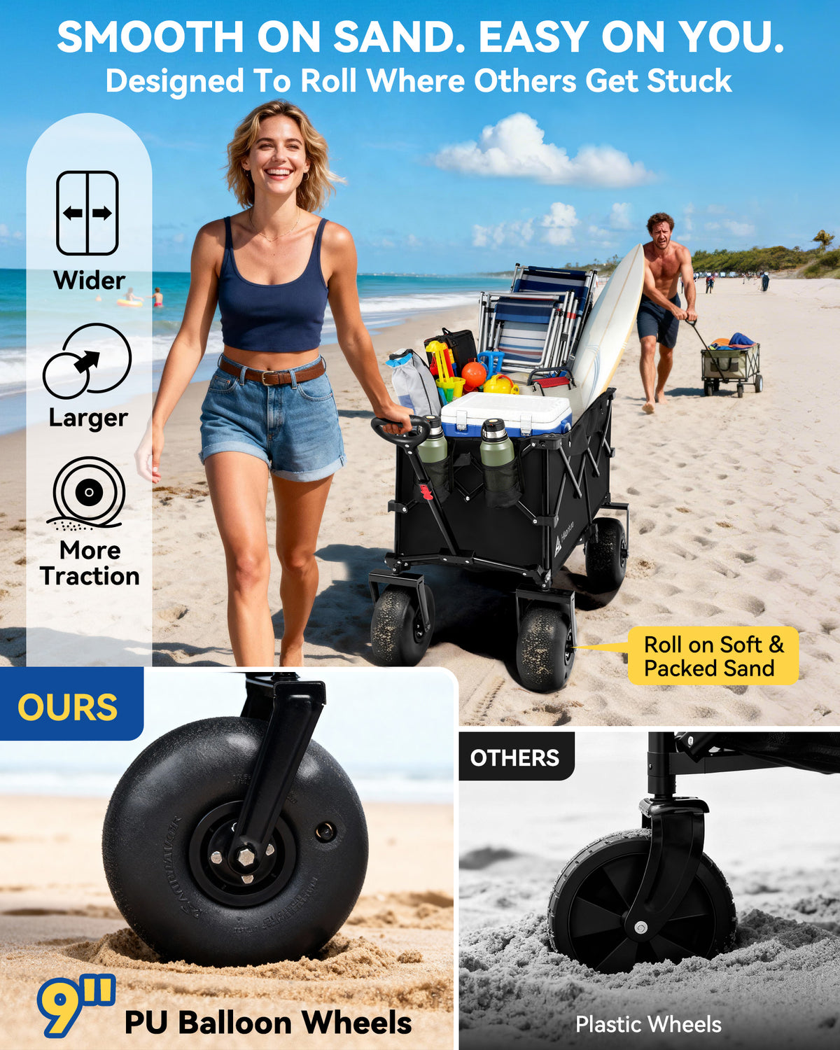 Hikenture Beach Wagon with Balloon Wheels, 9" PU Tires Collapsible Wagon