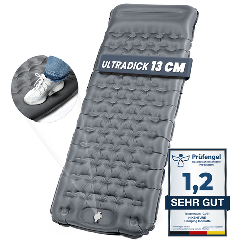 HIKENTURE Sleeping Pad 13CM Ultra-Thick Sleeping Pad Camping with Pillow, Inflatable Air Mattress Small Pack Size, Ultralight Sleeping Mat with Foot Pump for Outdoor, Hiking, Tent - Grey