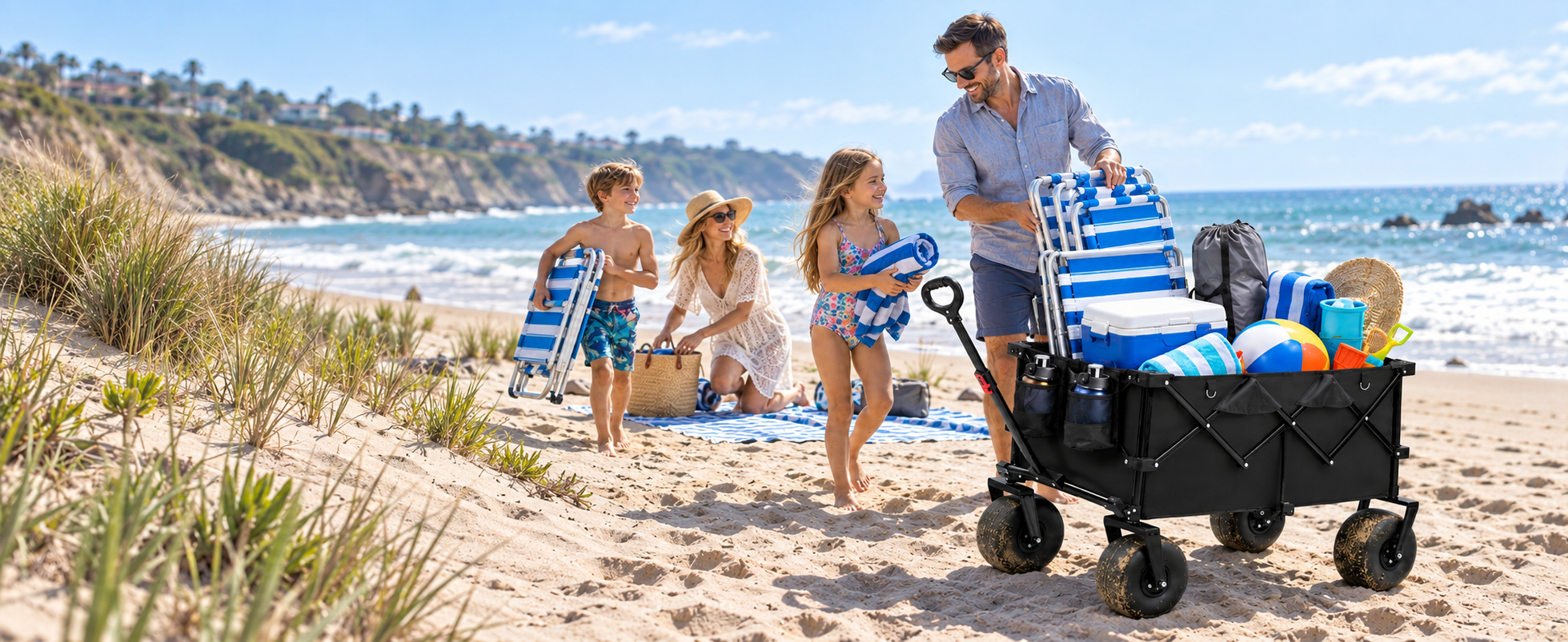 Family unloading a Hikenture beach wagon beside the ocean