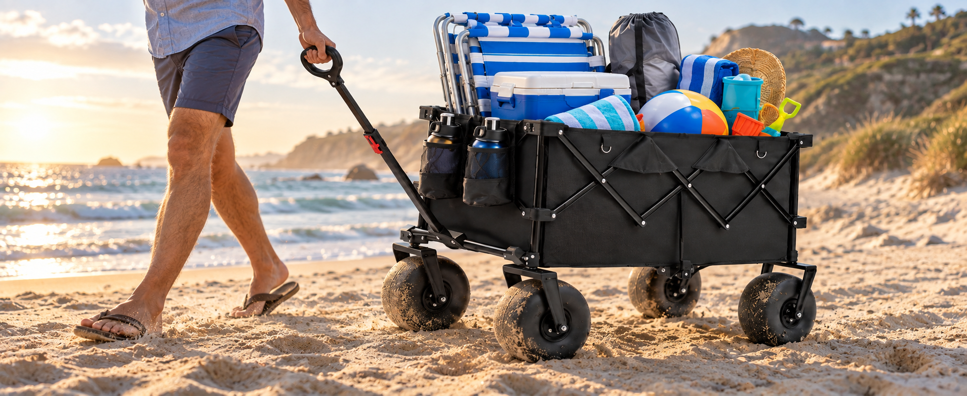 Hikenture balloon-wheel wagon moving smoothly across beach sand