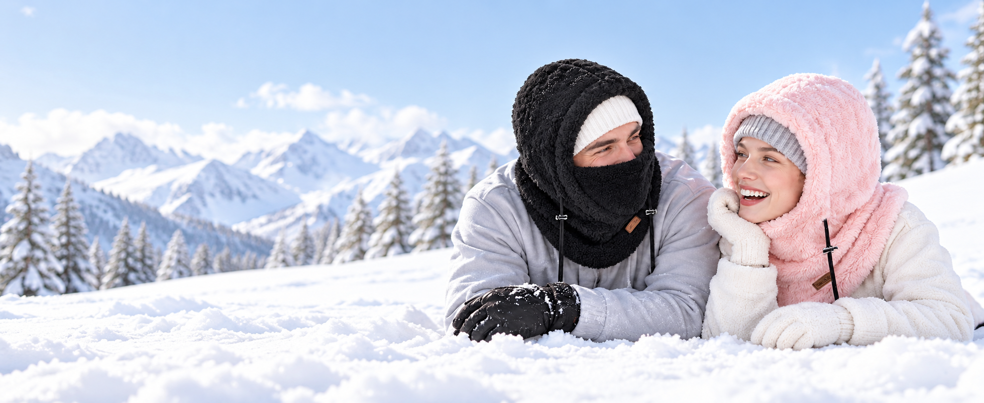 Couple wearing Hikenture winter balaclavas in an alpine snow scene