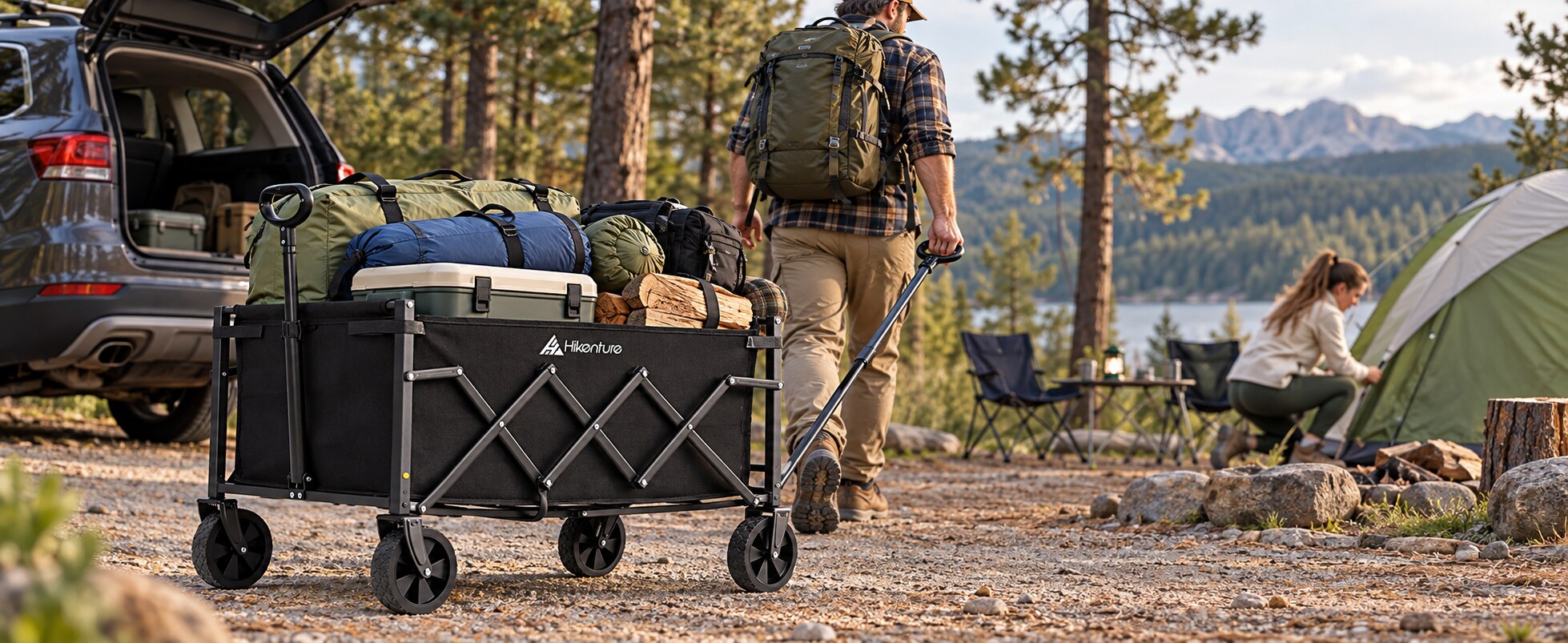 Hikenture folding wagon transporting camping gear from a vehicle to a campsite